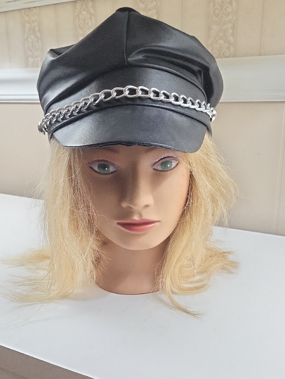 Black Faux Leather Chain Baker Boy Hat, One SIZE